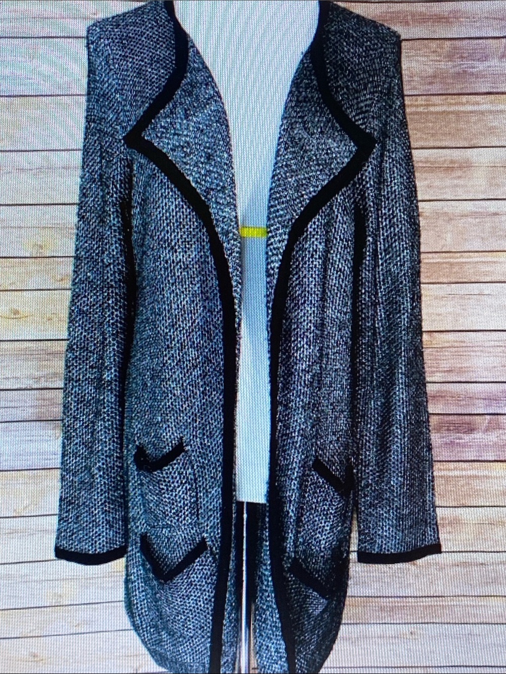 Soft Surroundings Black-Trim Gray Tweed Open Cardigan